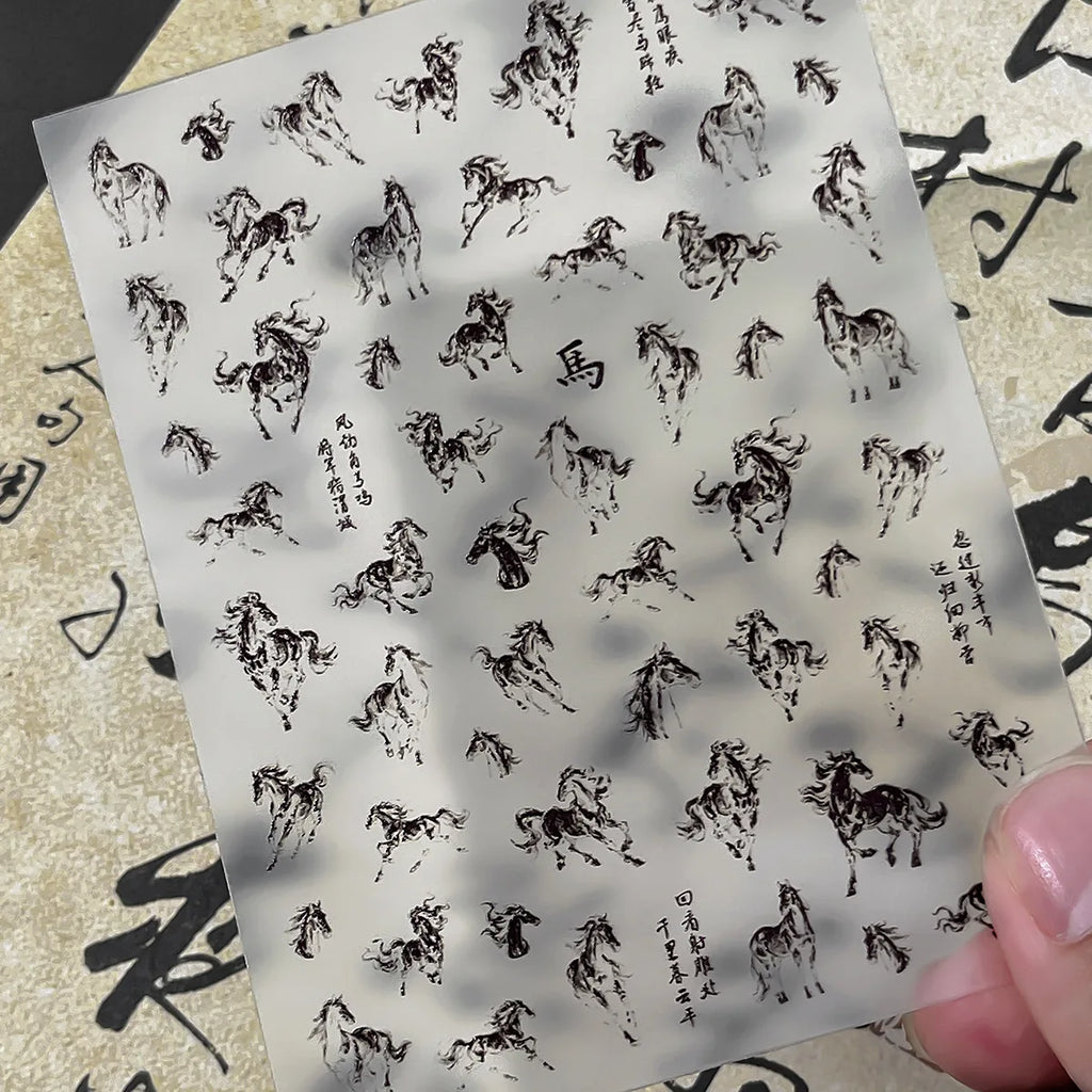 Ink Painting Style Nail Stickers, Black & White Horse Design for DIY Manicure, Artistic & Self-Adhesive Nail Art