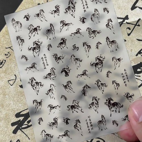 Ink Painting Style Nail Stickers, Black & White Horse Design for DIY Manicure, Artistic & Self-Adhesive Nail Art