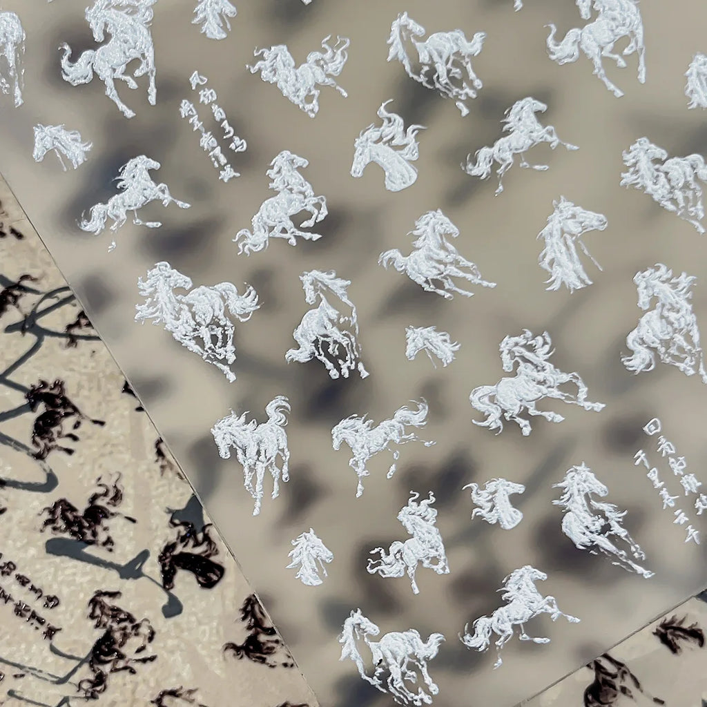 Ink Painting Style Nail Stickers, Black & White Horse Design for DIY Manicure, Artistic & Self-Adhesive Nail Art